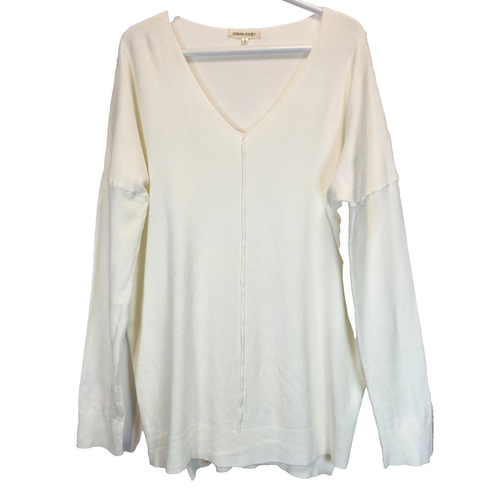 Urban Daizy V-neck Tunic Sweater Women's Size L Cream Long Sleeve Relaxed Fit